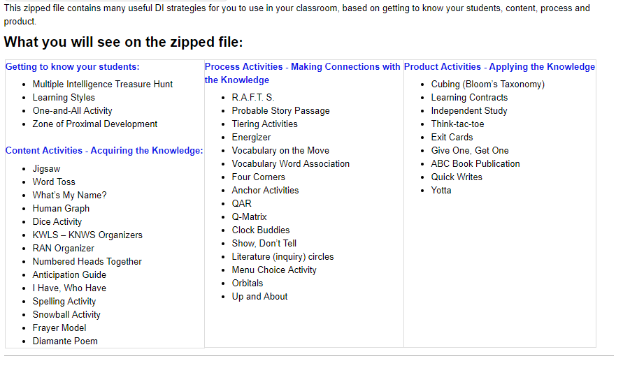 This zipped file contains many useful DI strategies for you to use in your classroom, based on getting to know your students, content, process and product.