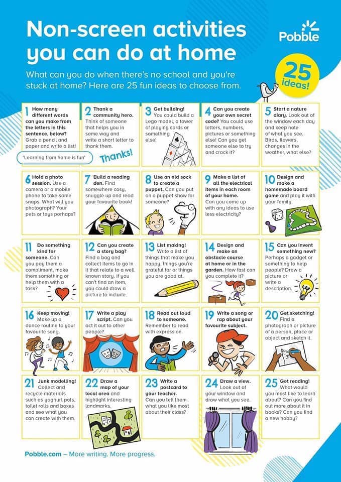 Here are 25 fun activities that kids can do at home.