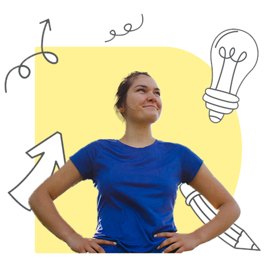 A white female with hands on hips from the waist up. She looks determined. She wears a blue t-shirt. The background is yellow with whimsical drawing of arrows, thought bubbles, and an “idea” light bulb.